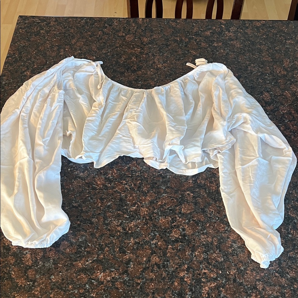 SHEIN White Off-Shoulder Ruffle Long Sleeve Crop Top